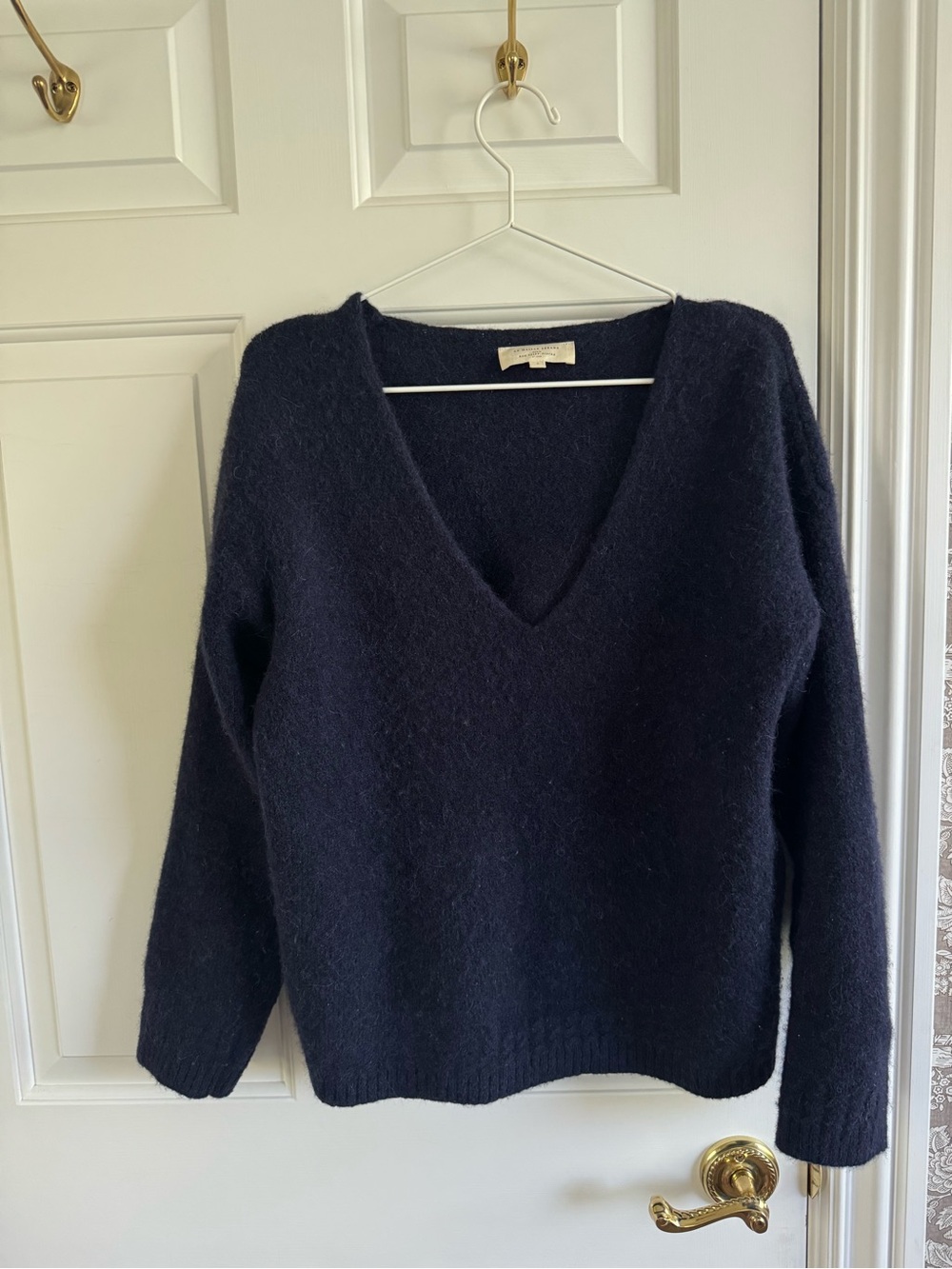 Sezane Navy V-Neck Mohair Blend Sweater